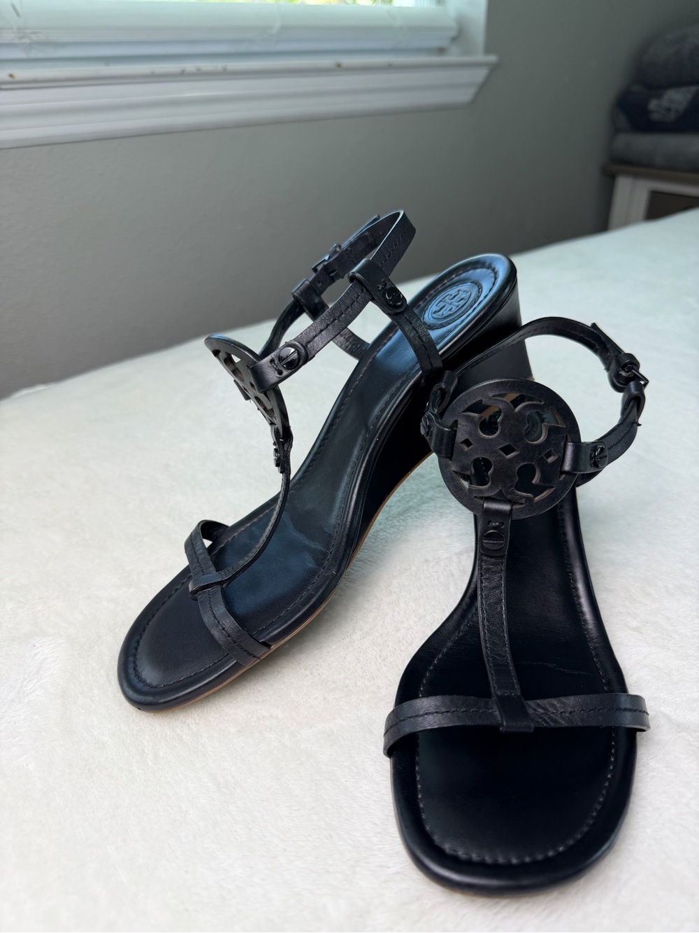 Tory Burch Black Leather T-Strap Wedge Sandals with Logo Medallion